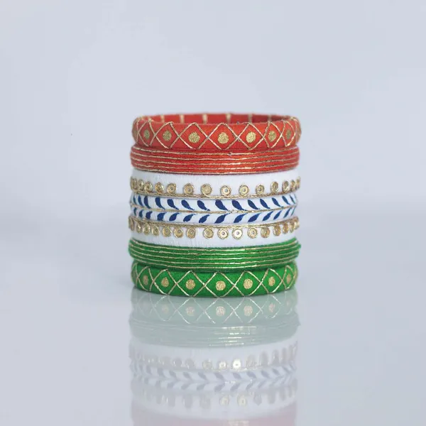 Tiranga Handmade Thread Bangles - Saffron, White and Green